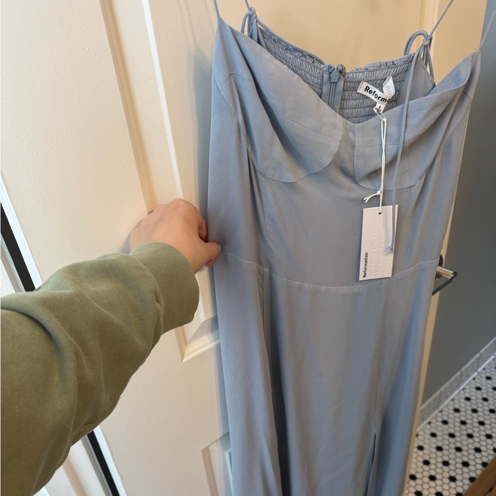 NWT Reformation Blue Juliette Dress Spaghetti Strap Leg Slit - Picture 2 of 5